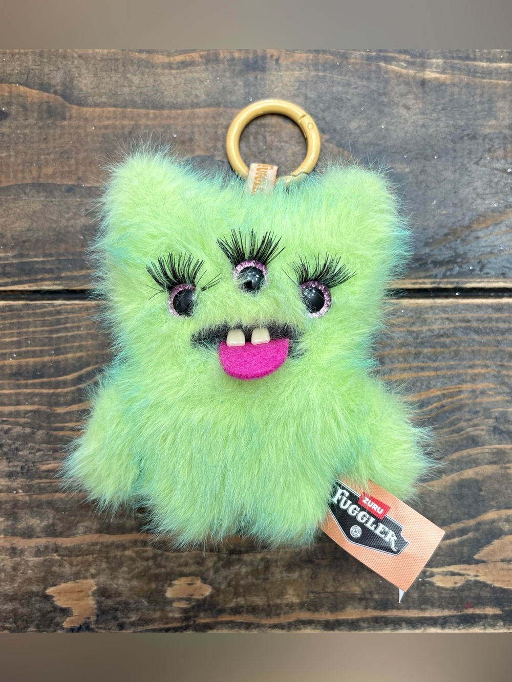 Fuggler Green Fuzzy Monster Keychain Plush with Eyelashes